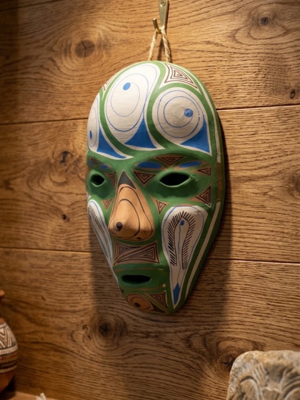 Venezuela folk art-Terracotta face mask-handcrafted&painted-spiral motif design